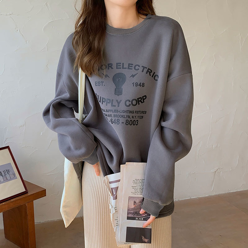 

2021 New 2 color autumn Korean style harakuju cartoon print thick sweatshirts of pullovers women (x1689) IL4Z, Dark grey
