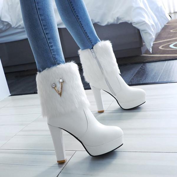 

PXELENA Elegant Women Wedding Boots White Pink Faux Fur Pearl High Heels Bride Shoes Winter 2020 Party Dress Ankle Boots 34-43, Black