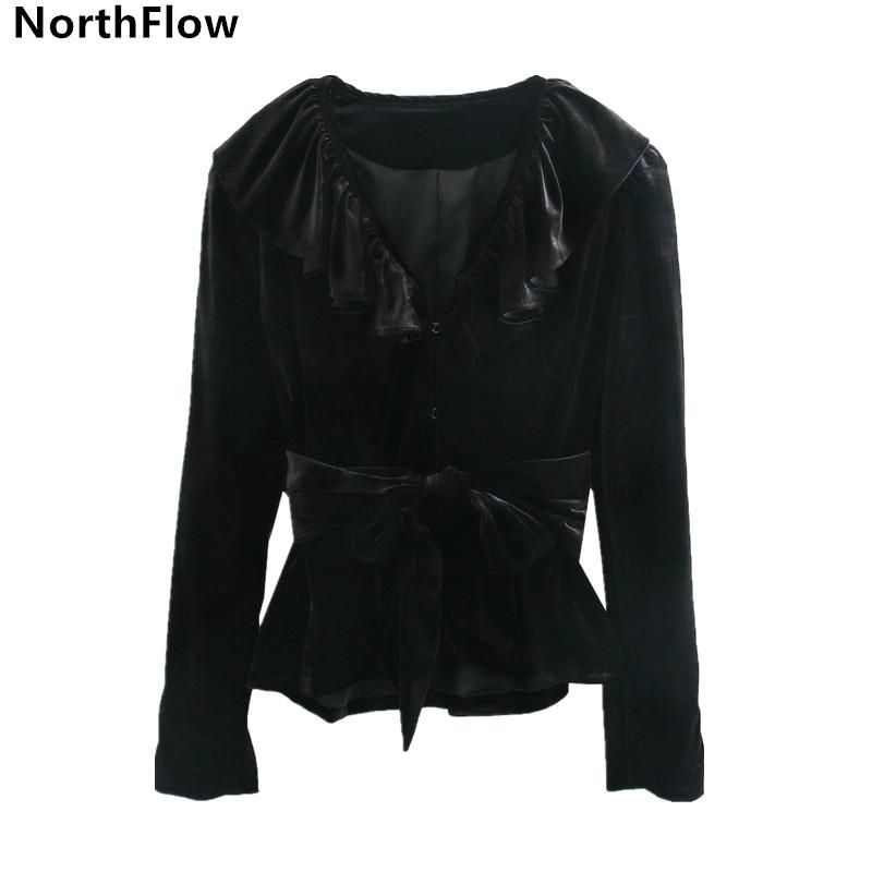 

Northflow Jackets Women Velvet Bow Ruffles Solid V-neck England style Feminino Femme jacket, Black