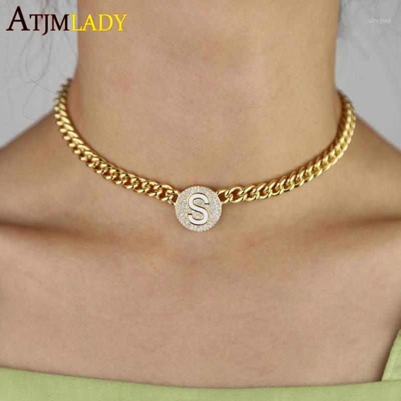 

Chokers 2021 Trendy Wide Curb Cuban Link Chain Choker Women Necklace Gold Filled Round Heart With Letter S Engraved Tag Necklaces1