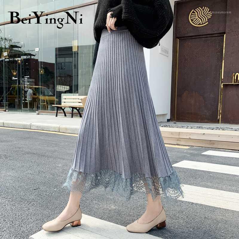 

Beiyingni Autumn New Fashion Skirt Women Lace Patchwork Knit 2020 A Line Midi Skirts Slim Solid Elegant Pleated High Waist Skirt1, Black