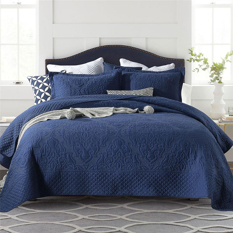 

CHAUSUB Bedspreads Solid Quilt Set 3PCS Cotton Embroidered Bed Cover With 2 Pillowcase Queen Size Coverlet Summer Blanket Blue, Sky blue