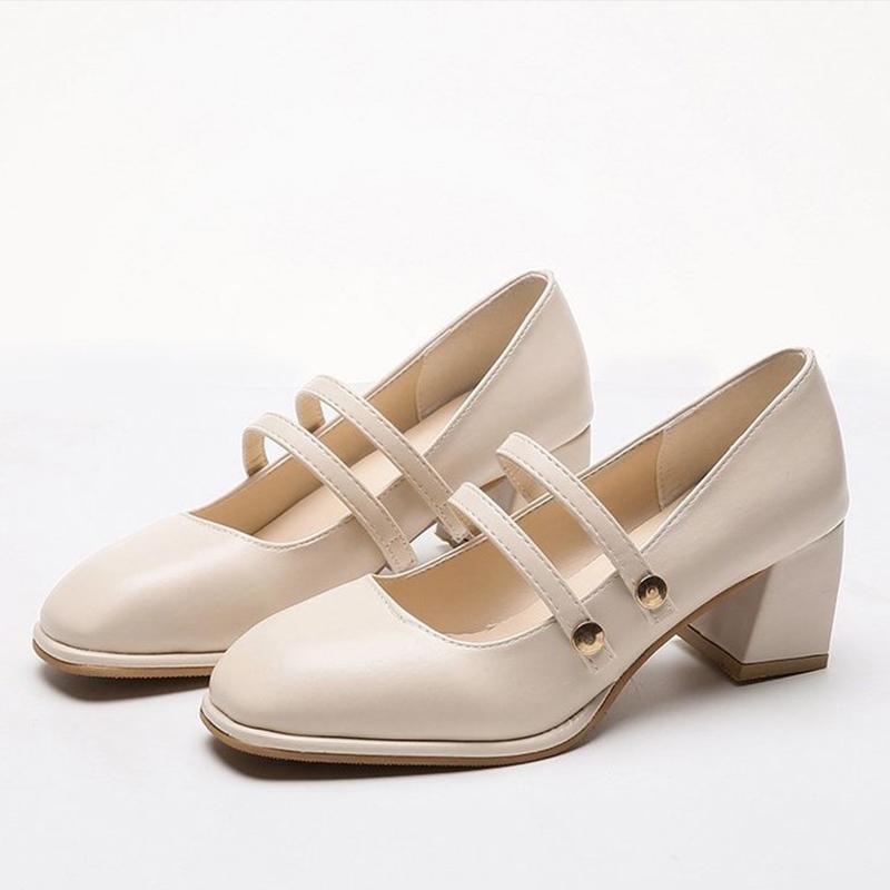 

Women Toe Block Heels Elegant Shoes Square Ladies Mary Janes Slip-on Pu Leather Female Pumps 2021 Comfortable Woman Footwear New, Apricot