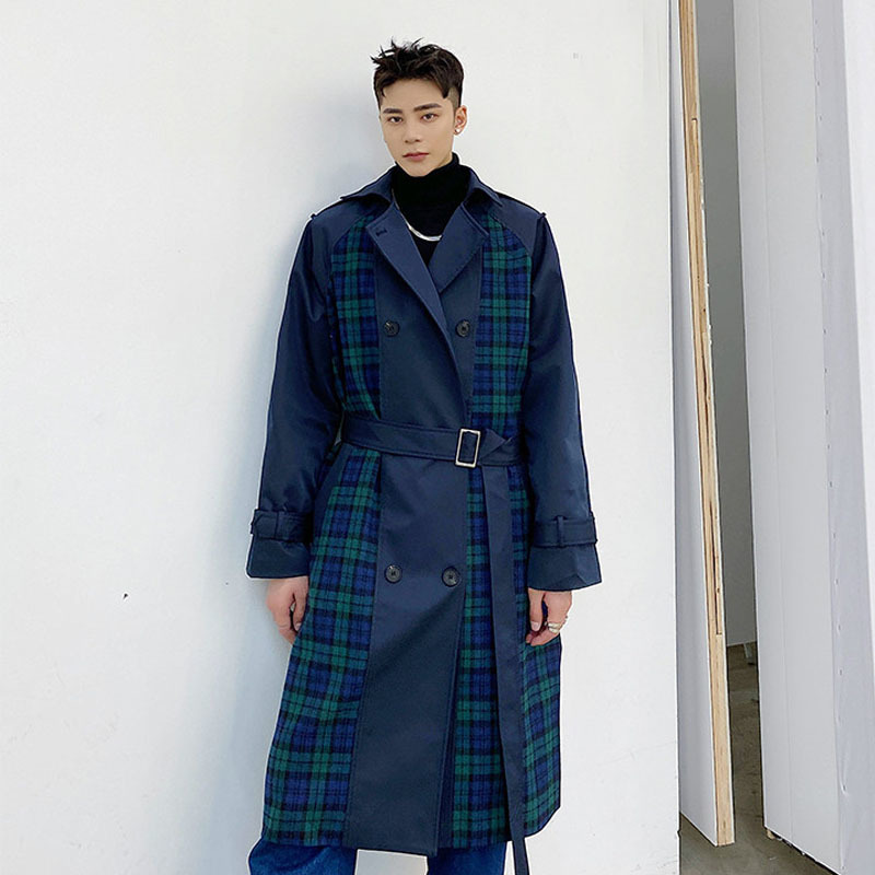

2020 Man Splices Chess Double Breasted Belt Trench Outerwear Male Vintage Streetwear Coat Ppad, K16 blue