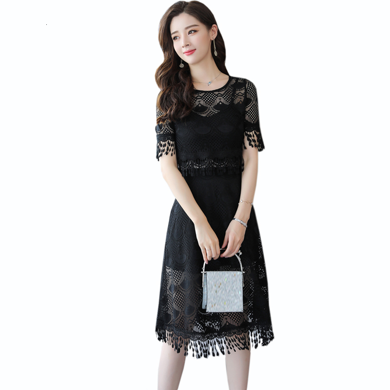 

2021 New Summer Lace the Line Black O-neck Free at Knee Height Dressed Hollow Temperament Out Short Sleeve Female Dress 0VJ8, Pink.