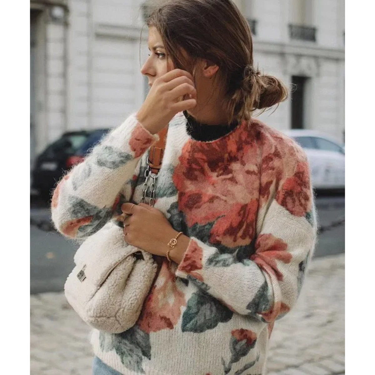 

Floral mohair jumper female 2020 Autumn long sleeve the casual neck vintage office sweater stylish chic pullover pull, Multi