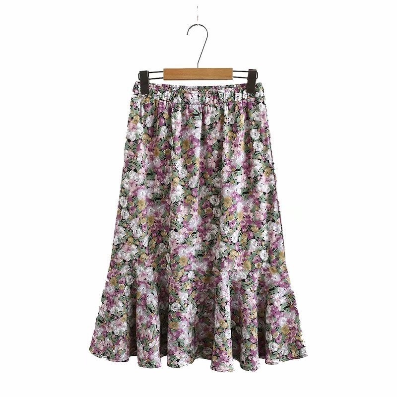 

Summer Plus Size Printed Floral Skirt Female Students Loose Medium Long Waist Mermaid Skirts Roki, Purple.