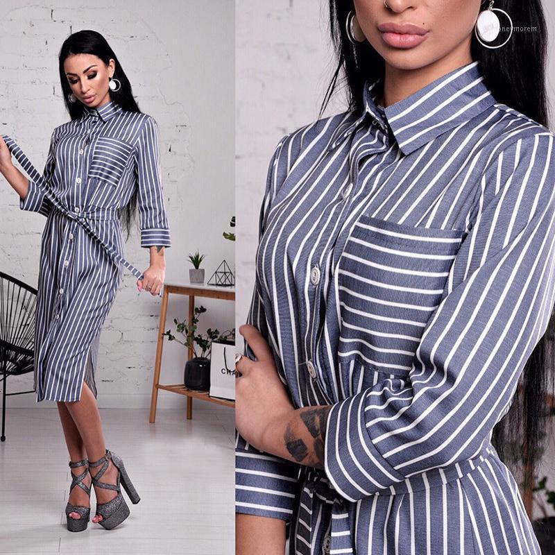 

2020 Turn Down Collar Office Ladies Stripe Shirt Dress Casual Three Quarter Sleeve Side Split Elegant Party Long Dress Vestidos1, Pink
