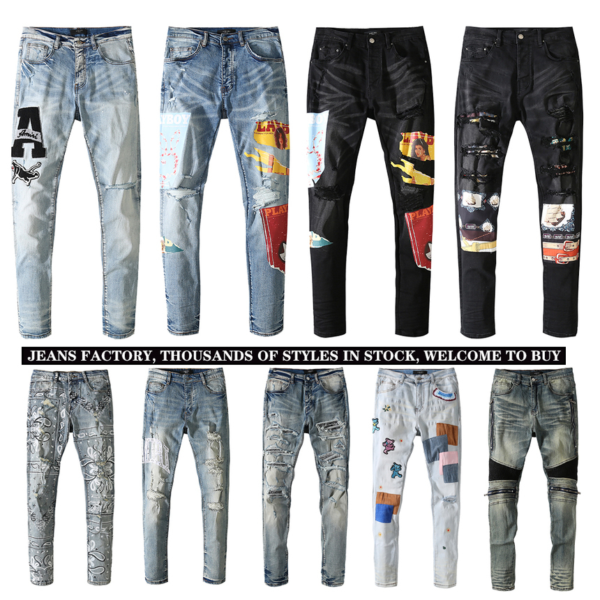 

Mens Jeans Trendy Brand Casual Printed Denim Trousers Men and Women Were Thin, Blue