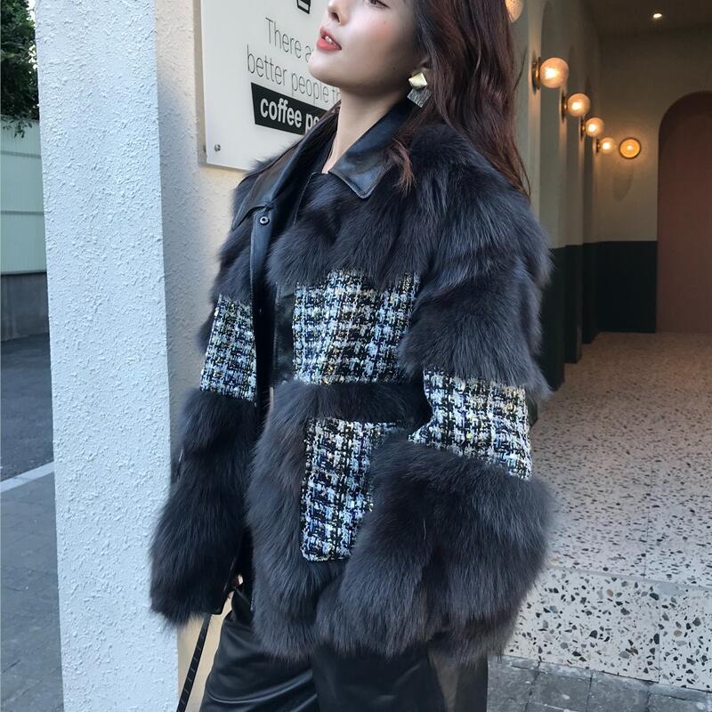 

New Winter 2020 Ladies Wool Shredded Fox Skin Thick Coat Hot Women's Jacket Leather Ibqq, Navy blue