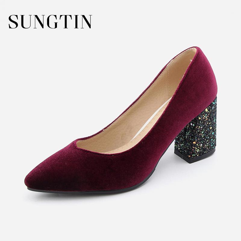 

Sungtin Classic Wedding Party Pumps Velvet High Heels Women Sexy Bling Block Heel Pointed Toe Pumps Handmade Shoes Large Size1, Black
