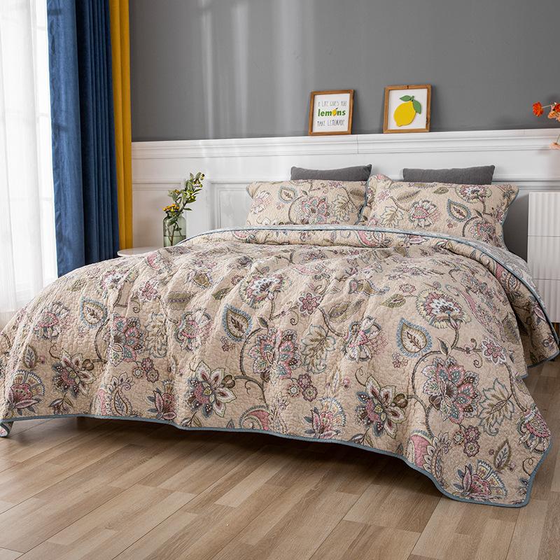 

CHAUSUB Cotton Bedspreads 3pcs Print Quilt Sets Bed Cover With 2 Shams Queen Size Coverlets Summer Blanket, Beige