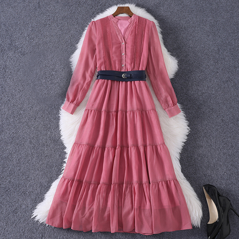 2021 Spring Long Sleeve V Neck Pink Pure Color Belted Panelled Mid-Calf Dress Elegant Casual Dresses MD258A622
