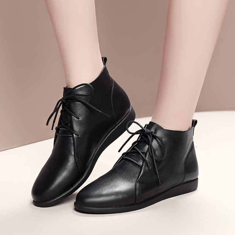 

2021 Hot Genuine Boots Handcrafted Fashion of Cow Lace Flat High-top Mother Shoes SGY6, Black-winter
