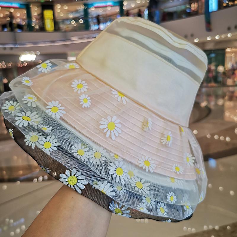 

Summer Thin Mesh Daisy Print Fisherman Hat UV Protect Breathable Beach Seaside Holiday Visor Caps Hipster Sunbonnet Bucket Hats, Black