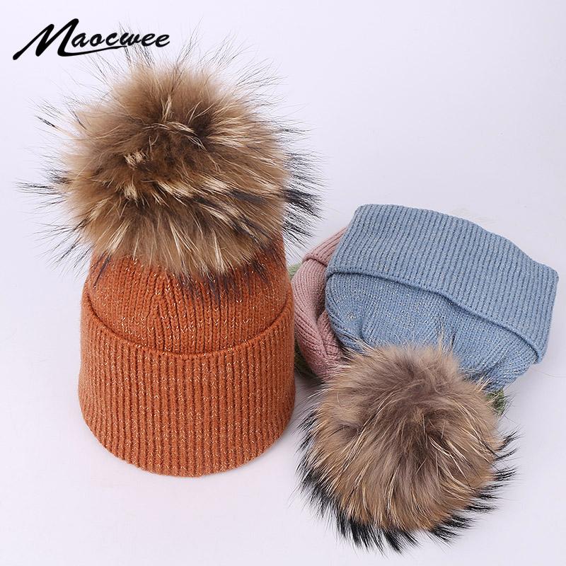

Beanie Hat With Real Fur Pompon For Women Winter Autumn Knitted Warm Thick Hats Solid Color Fashion Female Bonnet Soft Ski Cap