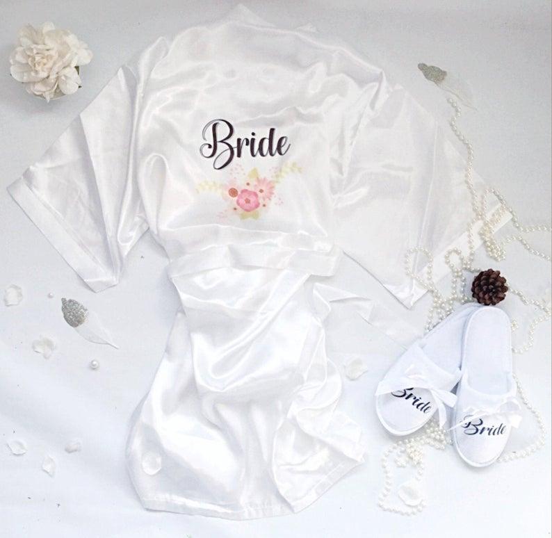 

Custom name 3pc set of bride to be floral satin short robe bride slippers bridal sash Bridal Party 2020 to be Gift