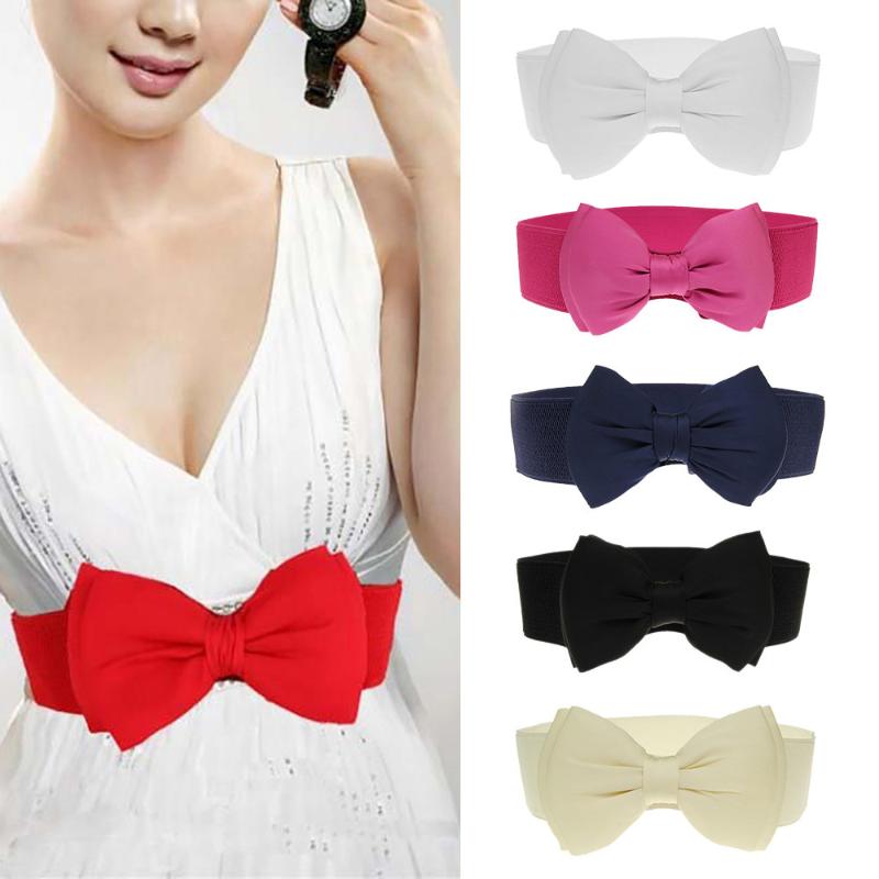

85 CM Women Belt Chiffon Bow Snap Button Elastic Cummerbund Wide Belt Waist For Dress ceinture large femme brede riem #H, Beige