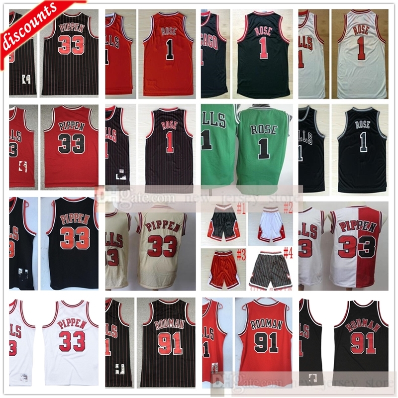 

Wholesale Top Retro Basketball 33 Scottie 91 Dennis Pippen Rodman Jerseys Top Quality Derrick Black 1 Rose Jerseys Black Red Stripe White Shorts, Same as picture