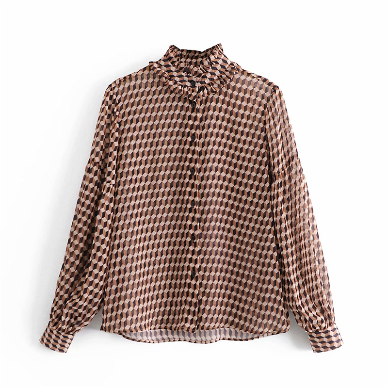 

2021 New Vintage Women Lozenge Plaid Shirts Fashion Ladies Ruffles Stand Collar Loose Tops Streetwear Female Chic Sleeve Blouse Vivj, Brown