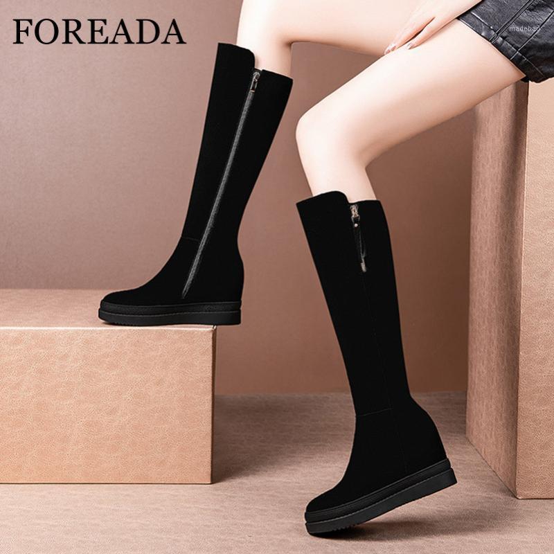 

FOREADA Real Leather High Heel Women Boots Knee High Boots Platform Height Increasing Heel Shoes Zipper Female Long Black1, Black