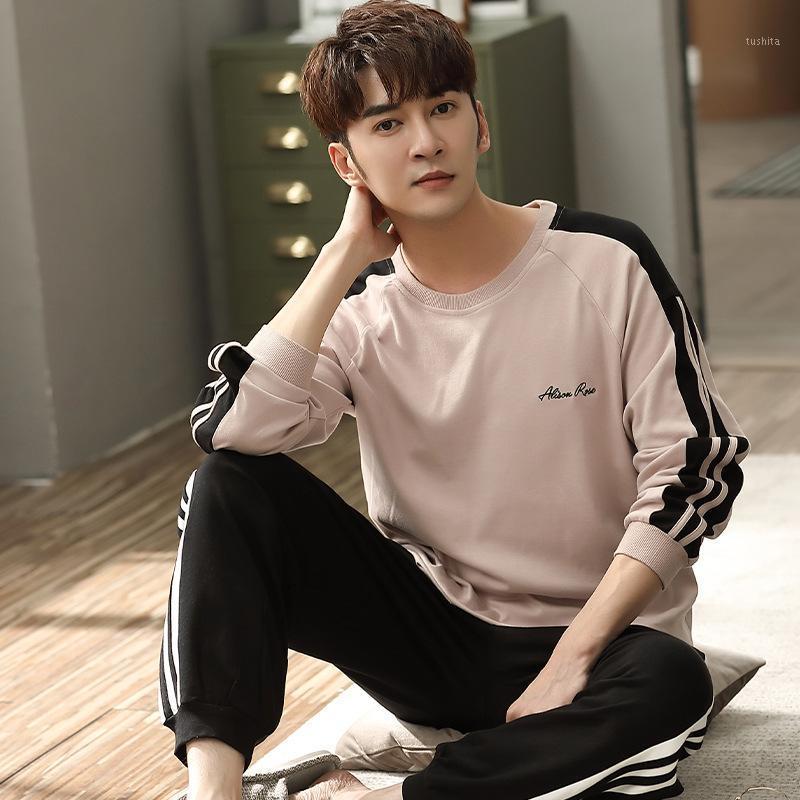 

Spring and Autumn Men's Pajamas Long-sleeved Cotton Suit Plus Size Home Service Youth Suit Pyjama Homme Sommeil Tops Lounge Set1, See chart