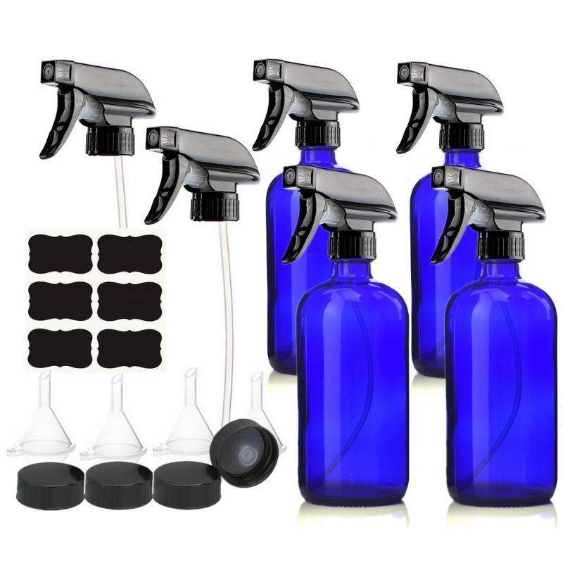 

4 Pack 500ml Empty Blue Glass Spray Bottle with Trigger Sprayer Chalkboard Label Storage Cap for Essential Oil Homemade Cleaners