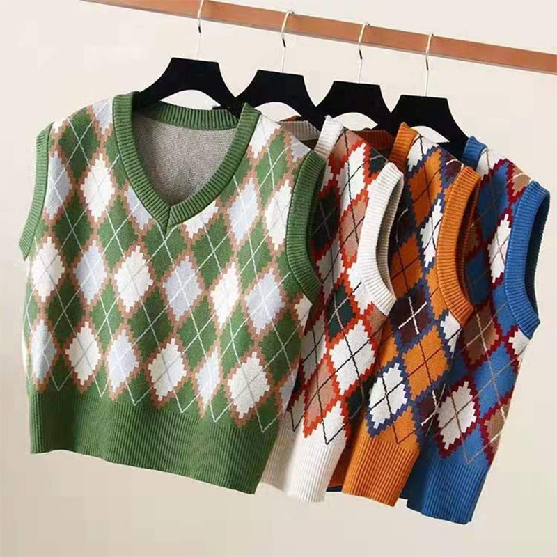 

Preppy Style Knit Vest Women Short Knitted Sweater Coat Sleeveless Plaid Waistcoat Autumn Crop Top Outwear Chalecos Para Mujer 201110, Blue