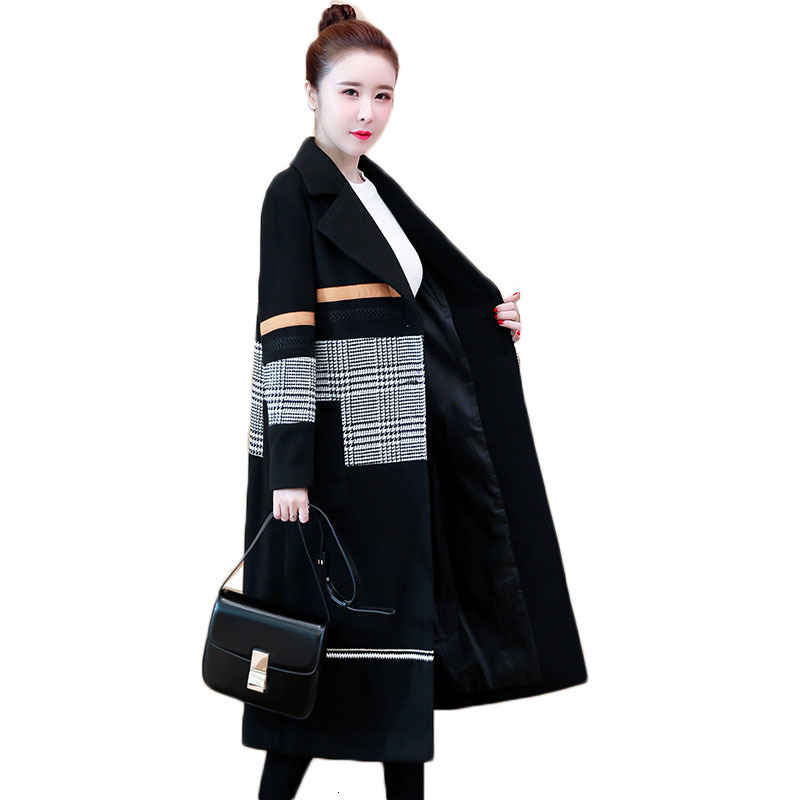 

2021 Extra-large Women's Wool New Autumn Winter Cotton Jacket Korean Loose Plaid Long Woolen Coat Plus Size L-5xly602 K5dj, Black