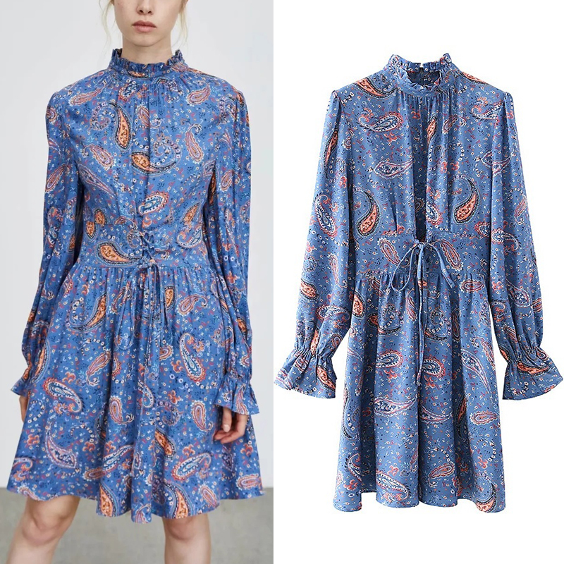 

2021 New Printed Vintage Blue Short Women Autumn Ruffle Long Puff Sleeve Pleated Dresses Ladies Tied Elegant Dress Ljl2
