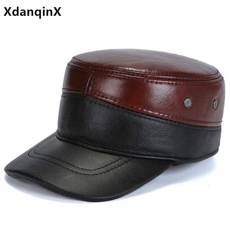 

Wide Brim Hats XdanqinX Genuine Leather Cap Winter Men's Warm Earmuffs Hat Men Flat Adjustable Size Cowhide Brand Ha, Style-a