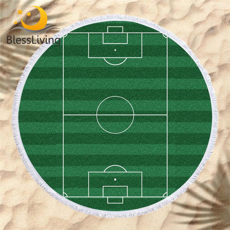 

BlessLiving Sports Beach Towel Football Field Round Bath Towel With Tassel Green Toalla Microfiber Striped Picnic Mat 150