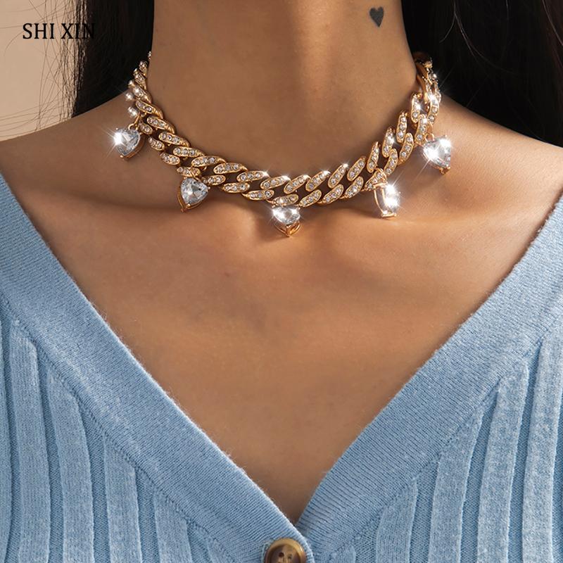 

Chokers SHIXIN Hiphop Thick Iced Out Cuban Link Chain Necklace Women Crystal Heart Pendant Choker Statement Rhinestones Jewelry