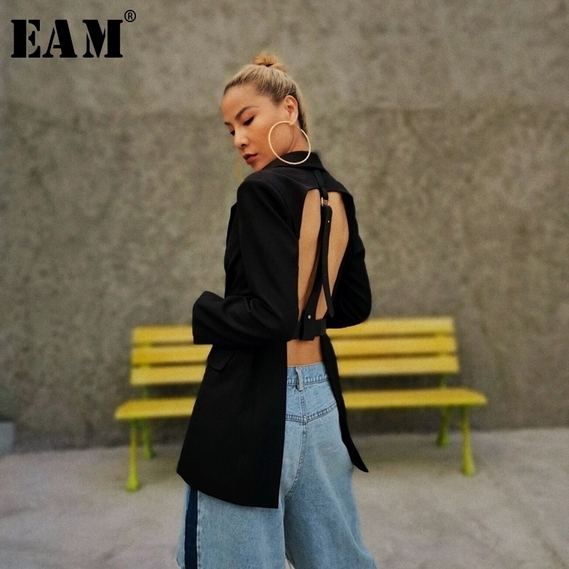 

[EAM] Women Black Backless Buckle Big Size Blazer New Lapel Long Sleeve Loose Fit Jacket Fashion Spring Autumn 1T538 201201