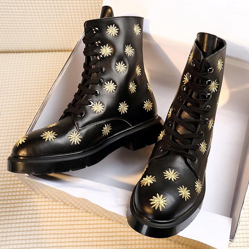 

Black Embroidery Leather Riding Boots Round Toe Flat Ankle Boots Fashion Motorcycle Women1