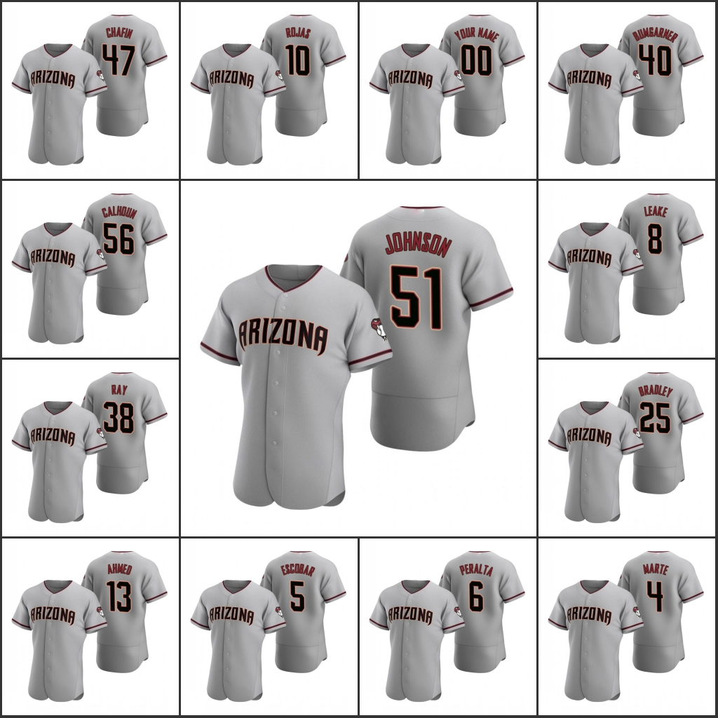

Arizona Diamondbacks #10 Josh Rojas 51 Randy Johnson 40 Madison Bumgarner Men Women Youth Gray Authentic 2020 Custom Road Jersey, Black