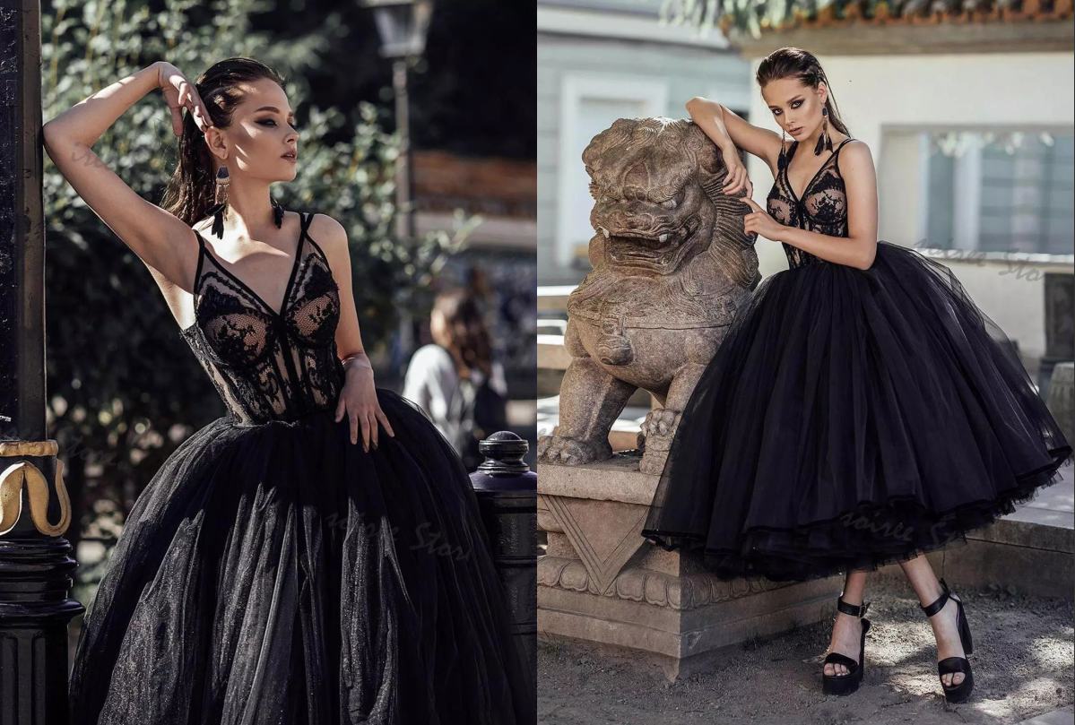 

Sexy Black Gothic Tea Length Wedding Dress V neck Backless Country Tulle Ruched Wedding dresses Bridal Gowns Vestidos De Novia, Brown