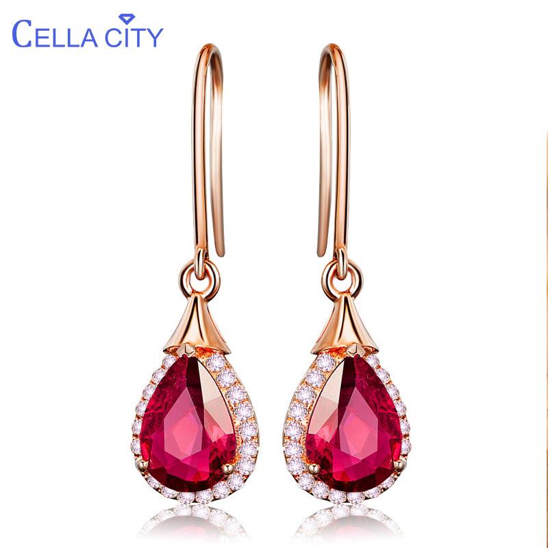 

Cellacity Water Drop Shaped Ruby Ear drops Silver 925 Jewelry Gemstones Earrings for Women Rose Gold Color Engagement Accessory
