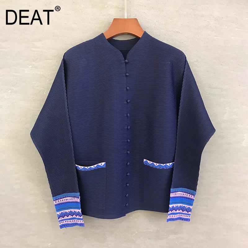 

DEAT Pleated Woman Jackets Long Sleeve Cuff Print Patchwork Loose Single Breasted Elegant Coat 2021 New Spring Fashion HT419, Brown