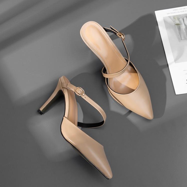 

2021 New Pointed Mules Sexy Naked Leather Sock Heels Thin Slippers Ladies Faerie Shoes Ol 5rue, Black