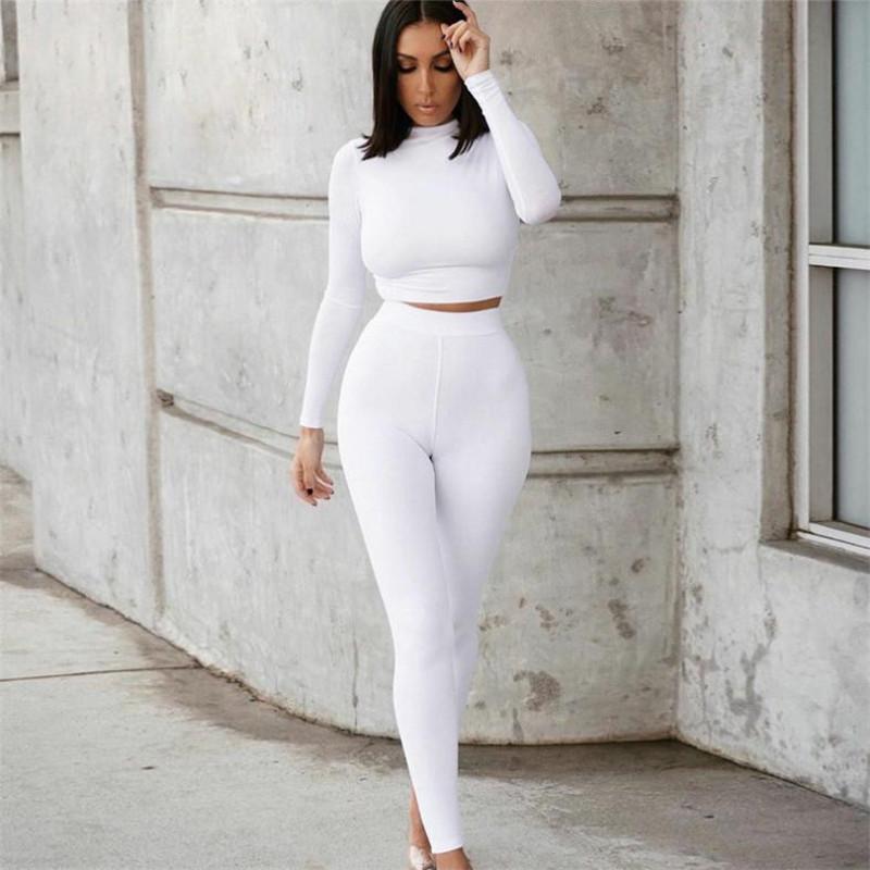 

Sexy Women Bodycon Set Long Sleeve Crop Top High Waist Solid Tow Pieces Suit Fitness Running Tracksuit Female Sportswear, Grey