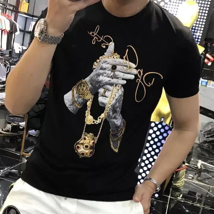 

Summer Men's short-sleeved Tee shirts Shinning luxury Hot Drilling T-shirt Man's Casual Rhinestone Skulls Tshirt Asian size X1227, White;black