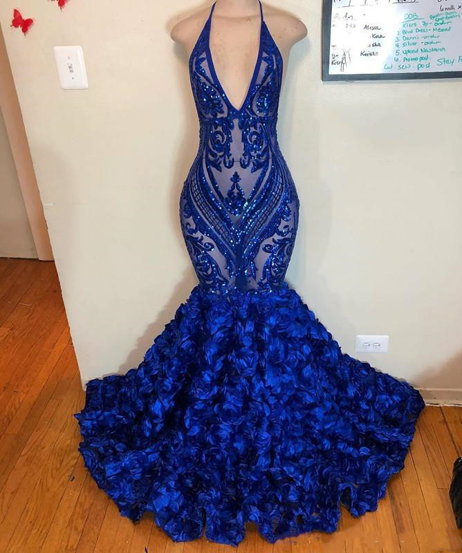 Chic bleu royal dentelle sirène robes de bal paillettes scintillantes appliqué col en V profond licou fleurs 3d africain pas cher robes de soirée