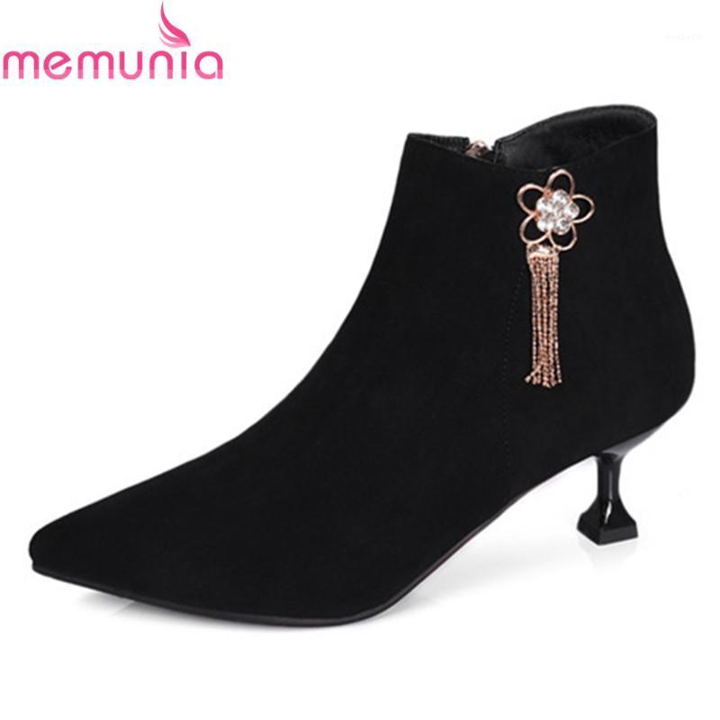 

MEMUNIA new arrival 2020 ankle boots for women red black with metal decoration sexy shoes pointed toe thin heels wedding shoes1
