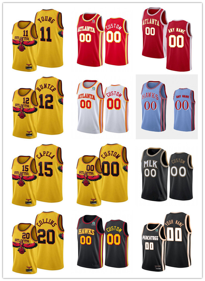 

75th Custom Men Women Youth Atlanta''Hawks''20 John Collins Trae 11 Young 15 Clint Capela 12 De'Andre Hunter Basketball Jerseys, Blue