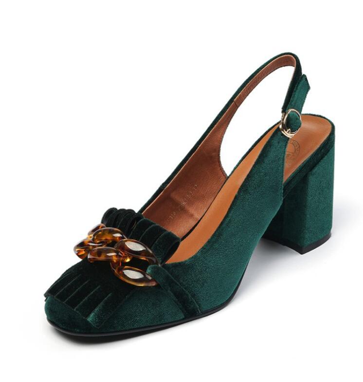 

Fashion Green Slingbacks Women Dress Shoes Tassel Fringe Velvet Lady Pumps Summer Gladiators Shoes