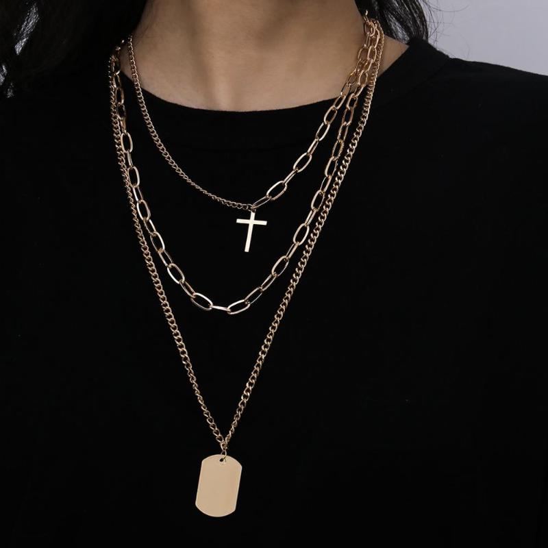 

3Pcs Layered Chains Cross Necklace Stainless Steel Punk HipHop Couple Street Geometric Metal Pendant Necklaces for Women Jewelry