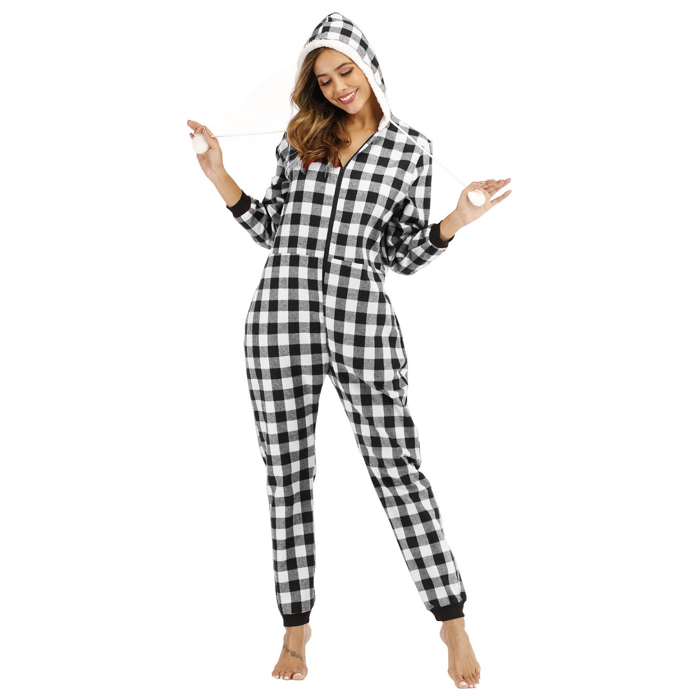 

women sleepwear fashion plaid hooded one-piece home wear womens winter jumpsuits pajamas new arrival hooded sale, Black;red