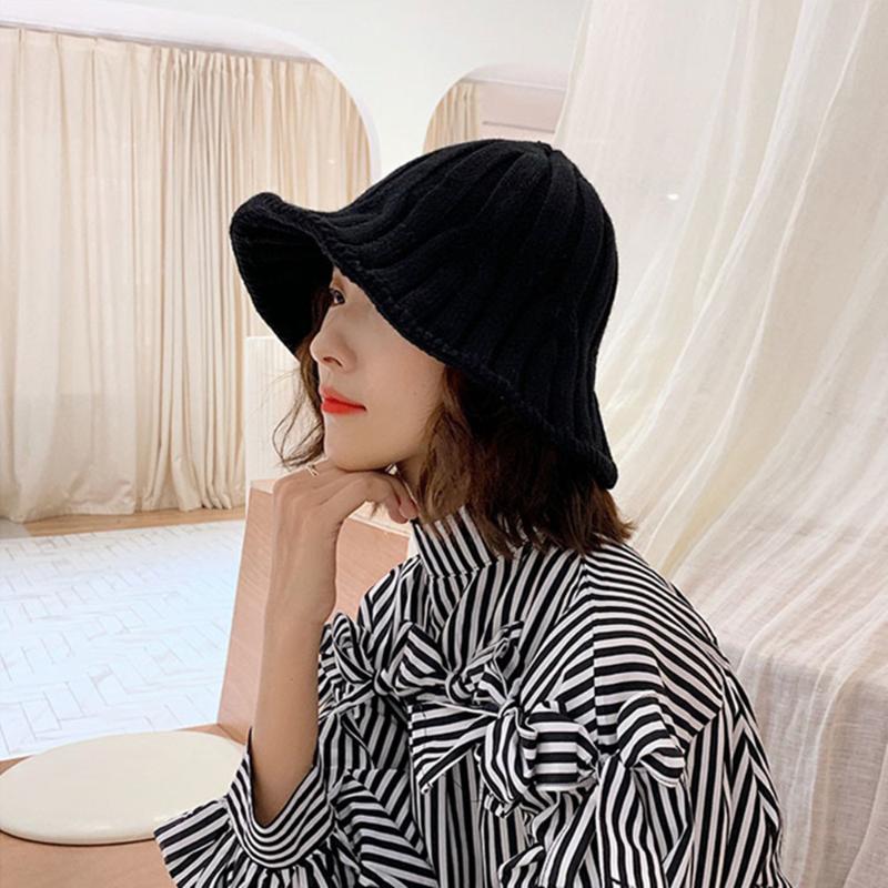 

Female Korean Wild Autumn Winter Knitted Wool Fisherman Hat Basin Cap Warm Versatile Panama Hat For Women, Black