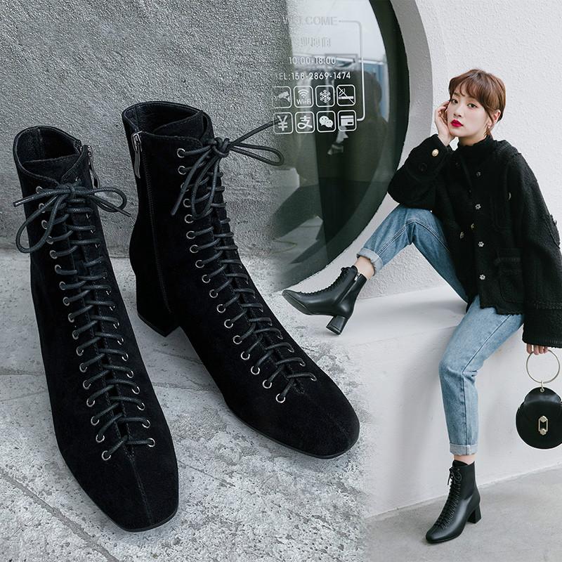 

2020 New Fashion Woman Ankle Boots High Quality Genuine Leather Handmade Autumn Winter Boots Cross-Tied High Heels Woman, Cowhide
